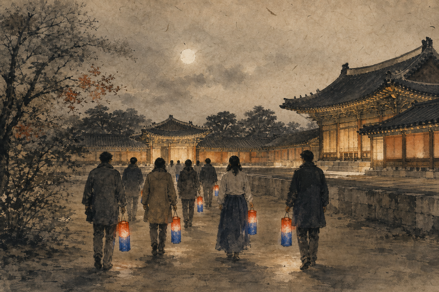 Moonlit Changdeokgung Palace tour with visitors carrying traditional lanterns