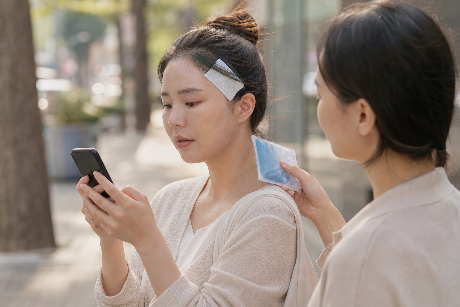 Fictional traveler checking a blank phone during recovery with a friend offering a cold pack