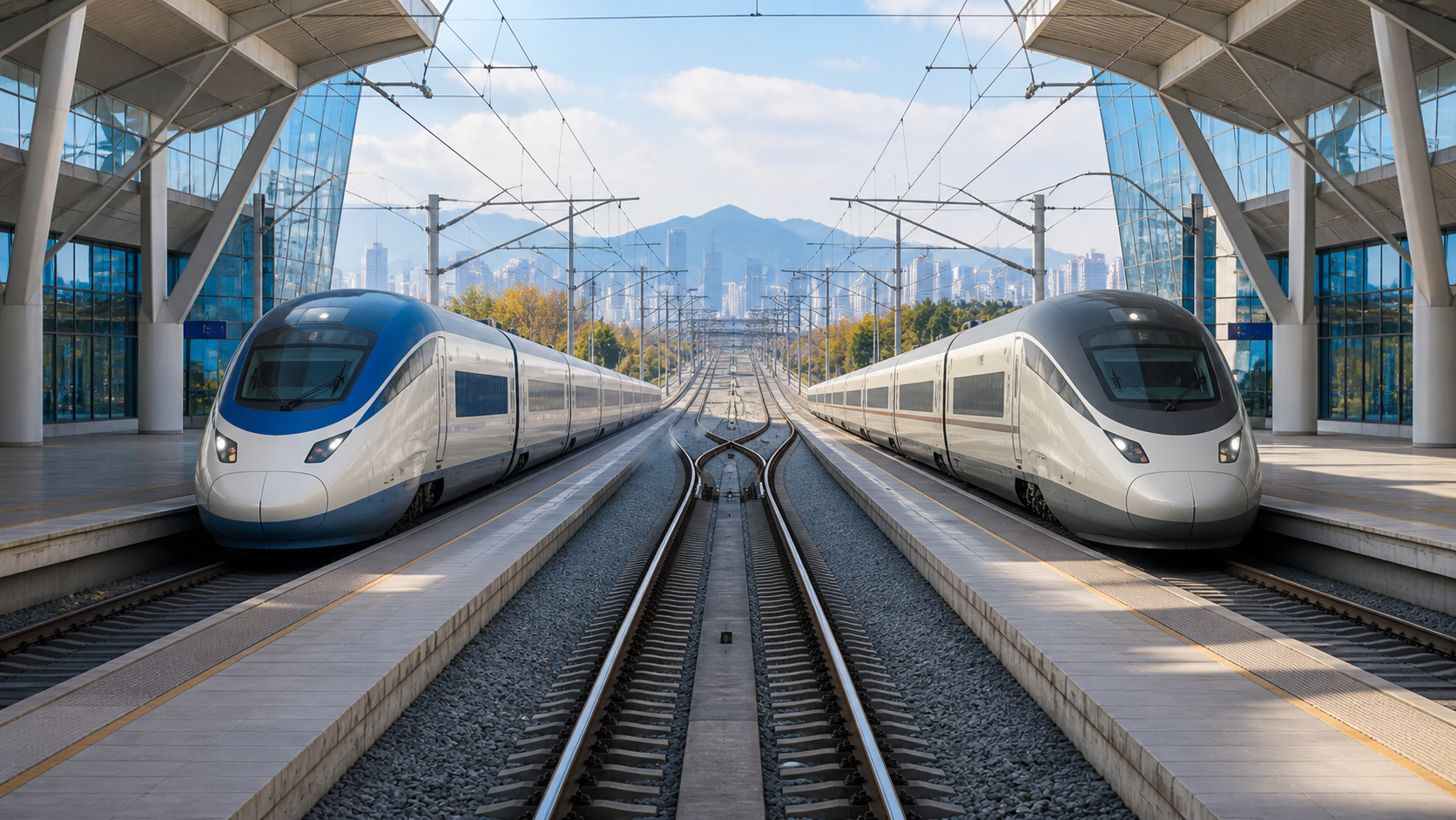 Two high-speed trains at parallel Korean station platforms with converging tracks