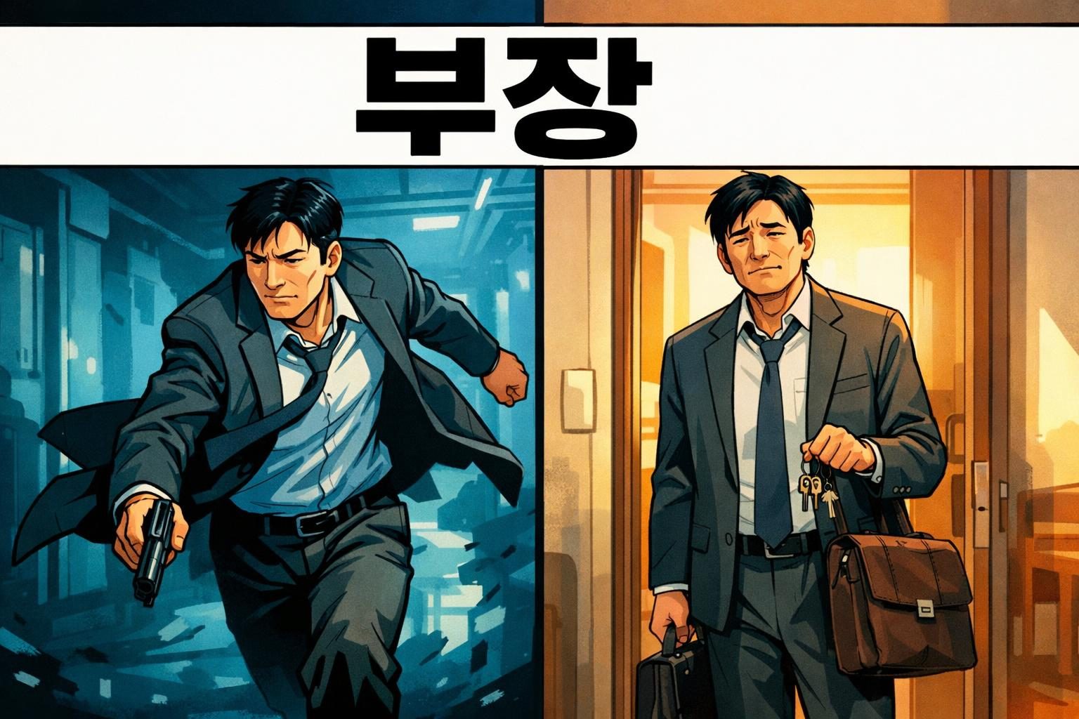 A split comic panel under a large title plate reading 부장: on the left the same man runs with a handgun in cold blue light, on the right he comes home tired with apartment keys and a briefcase in warm light