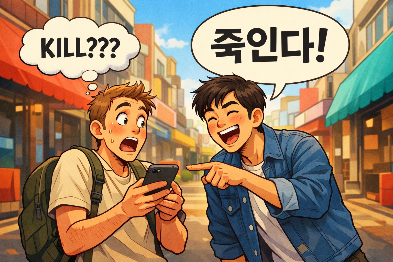 A grinning Korean man points at a phone with a speech bubble reading 죽인다!, while a wide-eyed Western tourist thinks KILL??? on a sunlit Seoul street