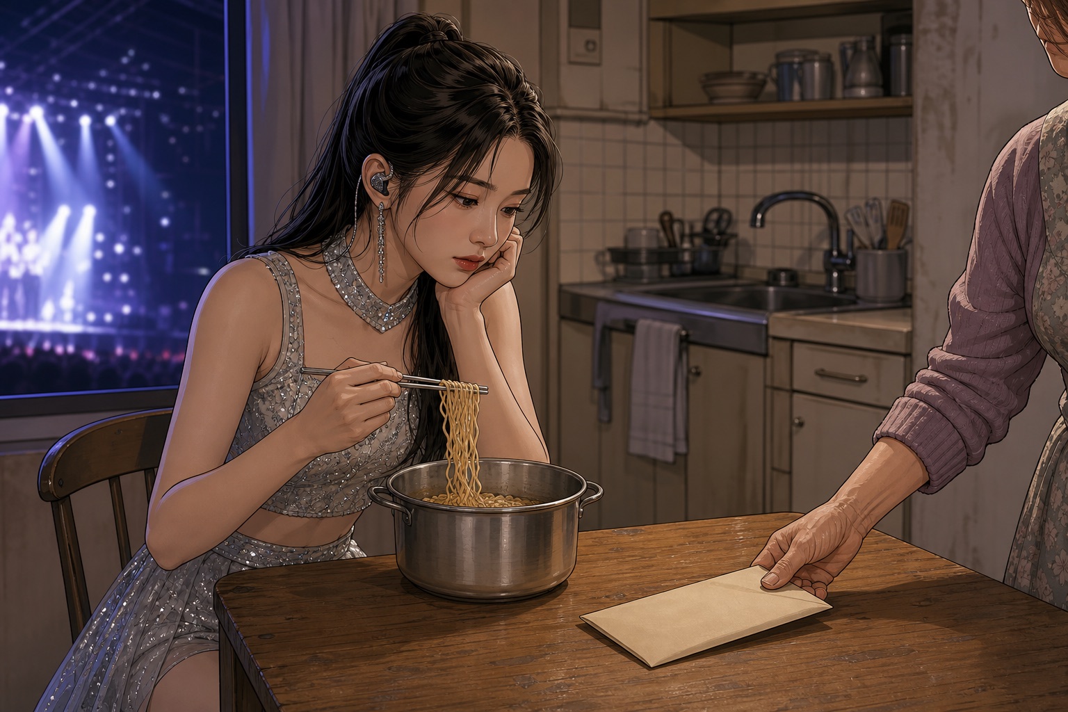 Fictional woman K-pop performer eating noodles after a performance as a cash envelope is placed on the table