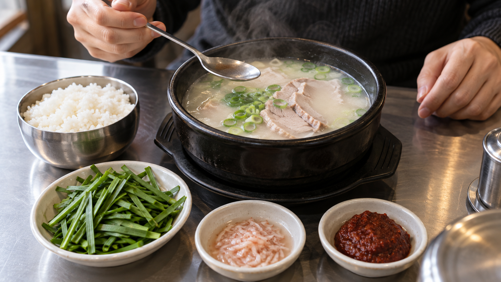 A Busan pork-and-rice soup served with chives, salted shrimp, and red seasoning before the diner seasons it
