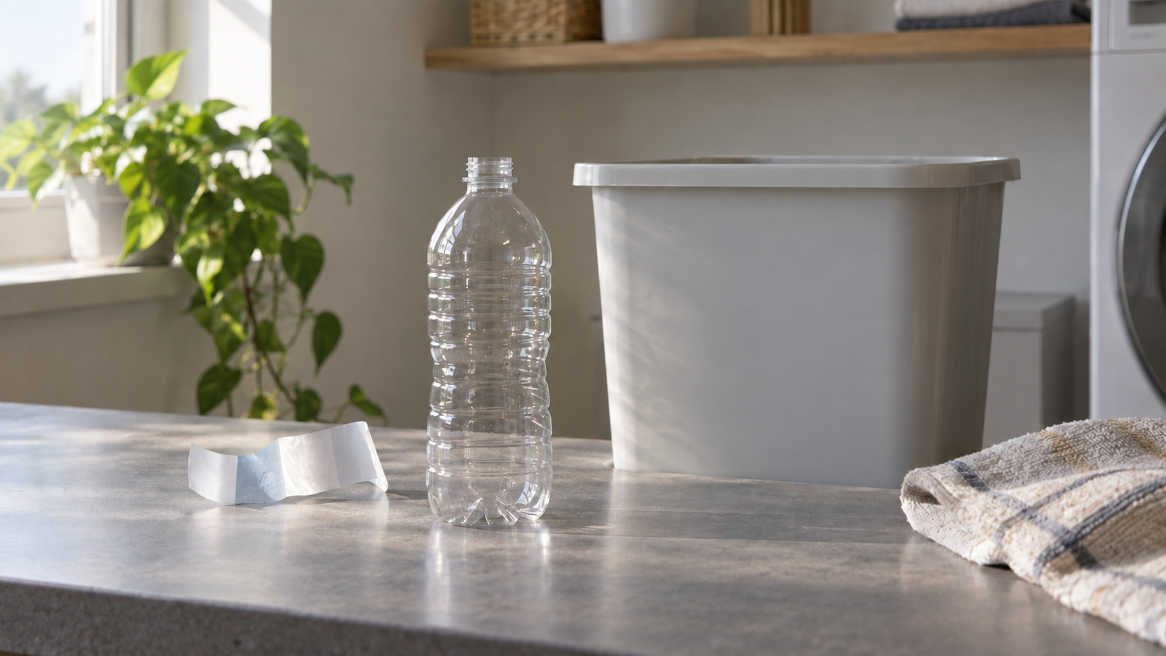 A clear unbranded PET bottle, a plain recycling bin, and a peeled label on a softly lit apartment utility-room counter