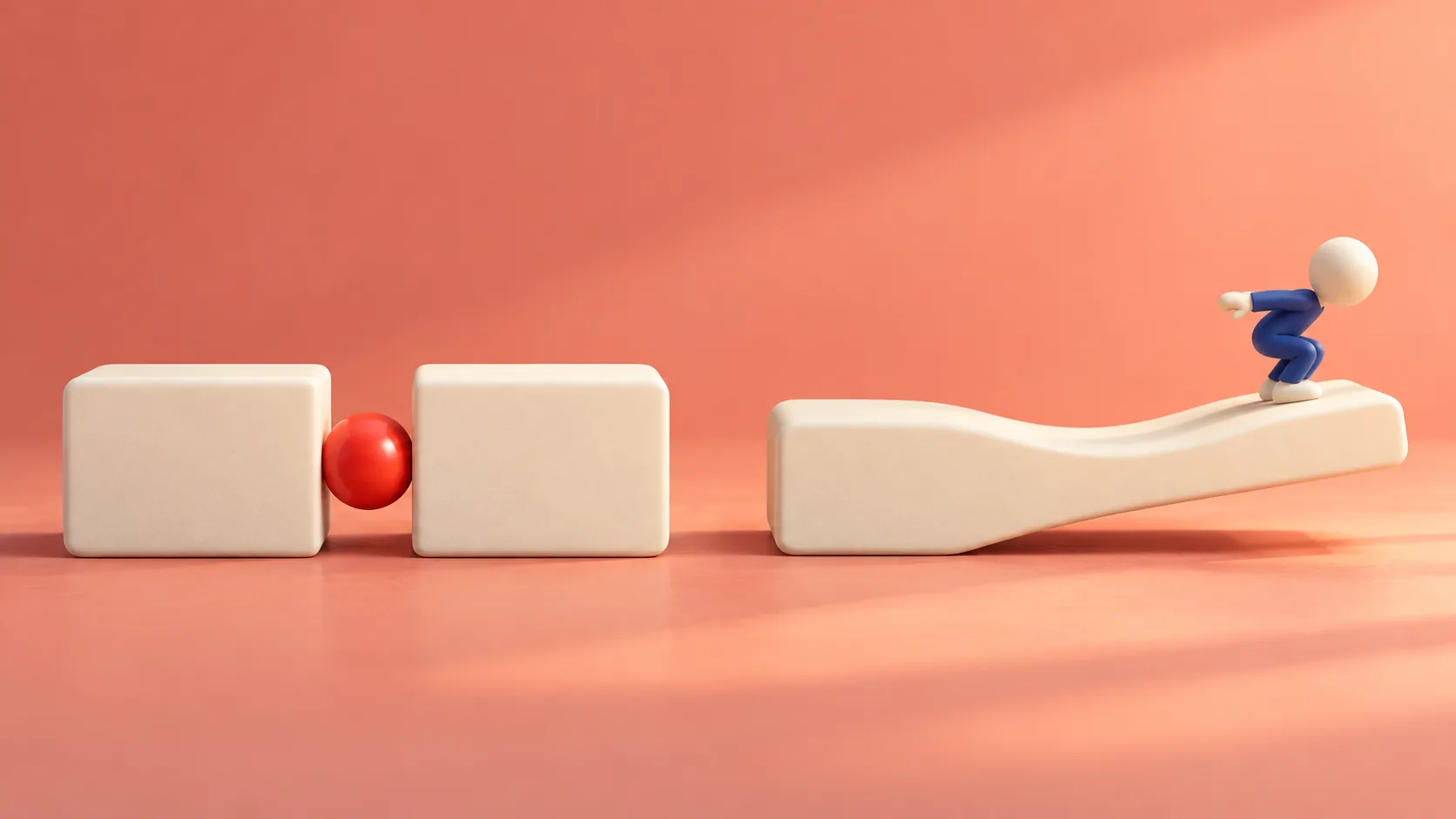 Two blank ivory tiles flank a red bead beside a springboard with a small figure preparing to jump
