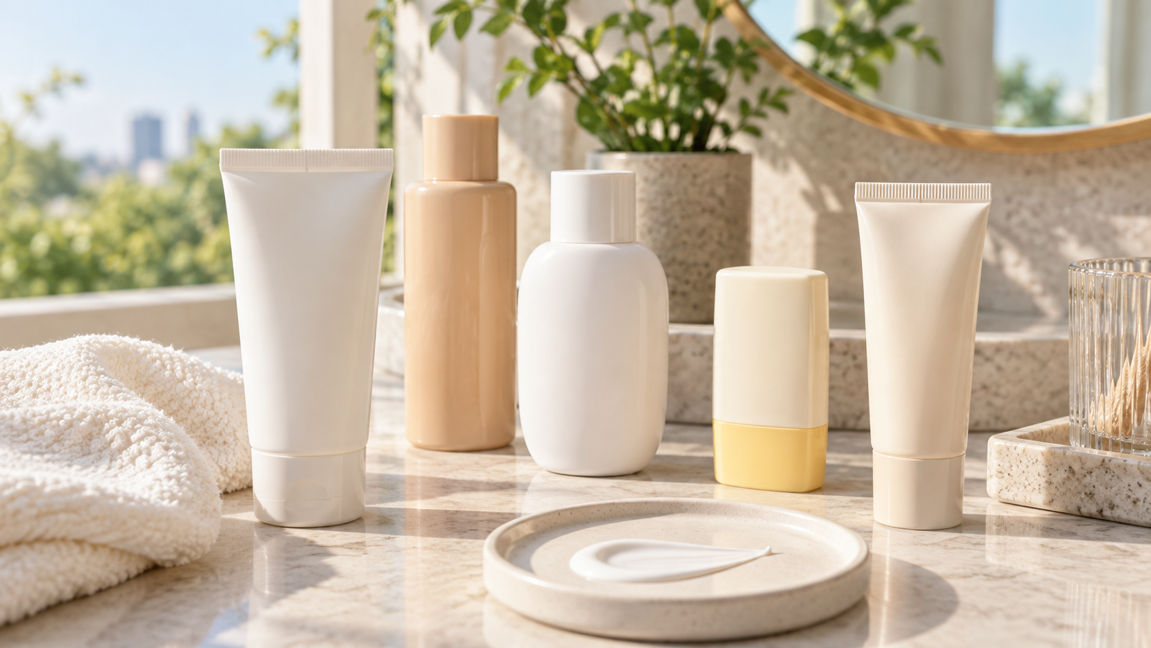 Unbranded sunscreen bottles on a sunlit vanity