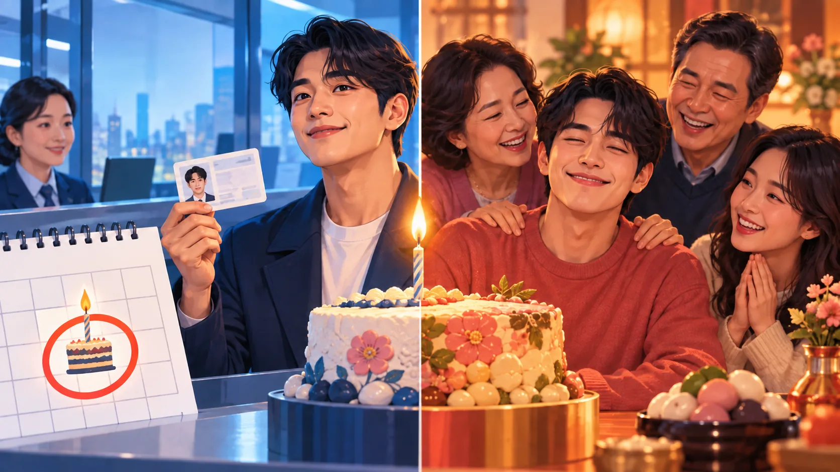Illustration comparing a Korean adult presenting identification for the legal age rule with a family birthday celebration that follows social custom