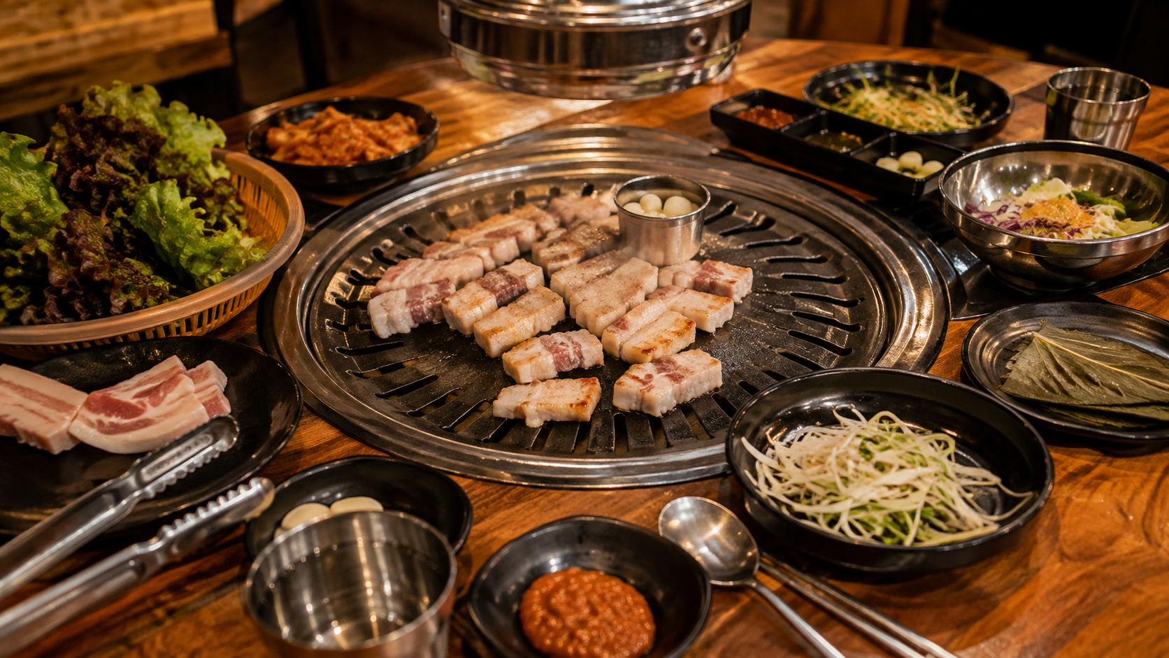 Korean barbecue table with pork belly, lettuce, and side dishes