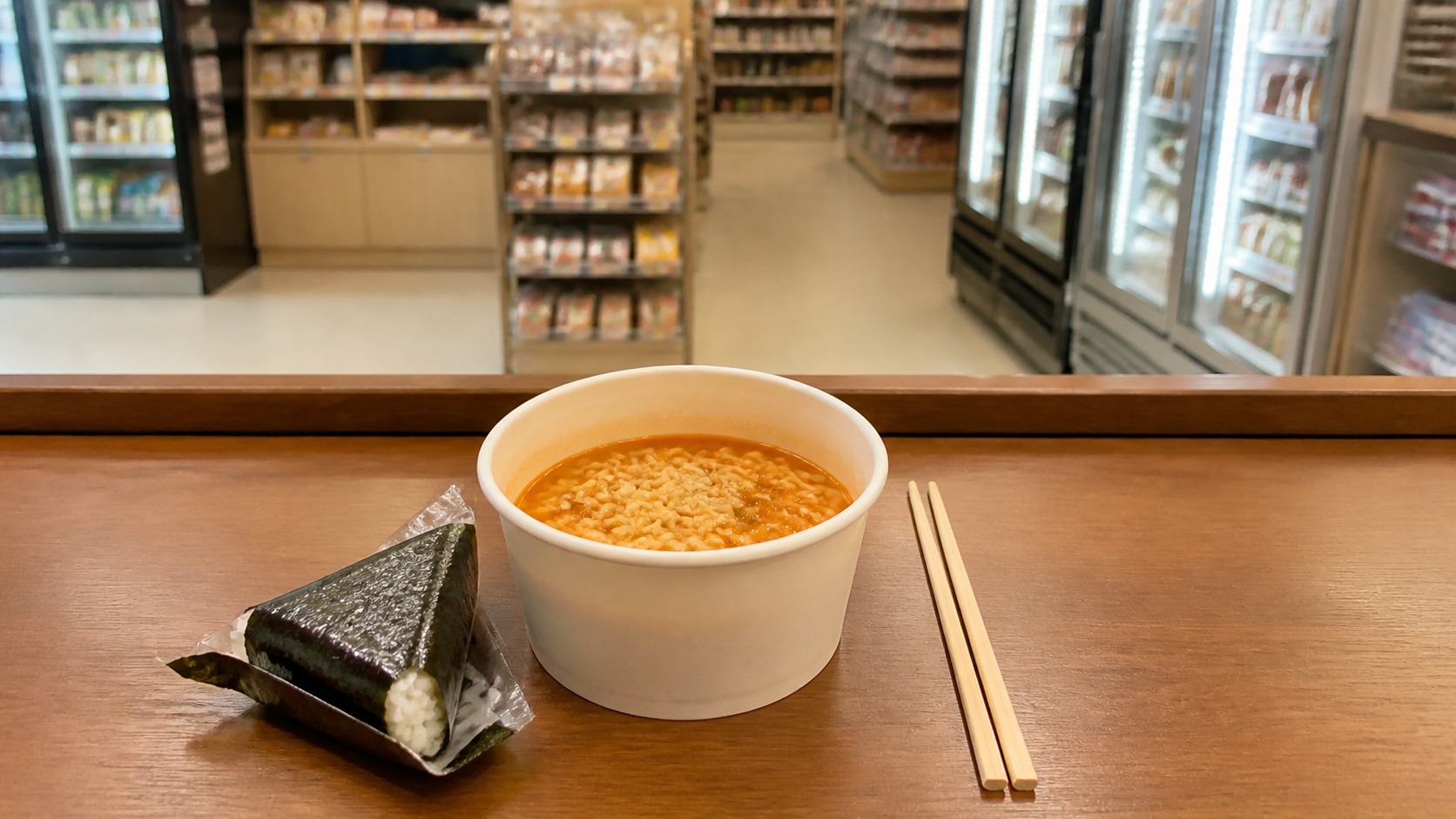 Bowl of ramyeon and triangle gimbap at a Korean convenience store