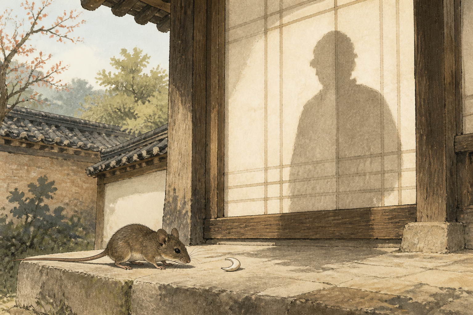 A field mouse approaches a fingernail clipping while casting a human shadow in a hanok courtyard