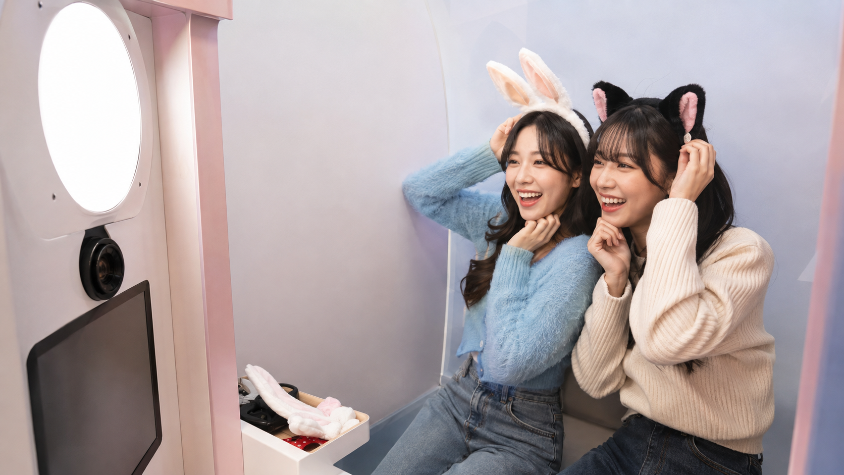 Friends taking four-cut photos in a Korean self-photo booth