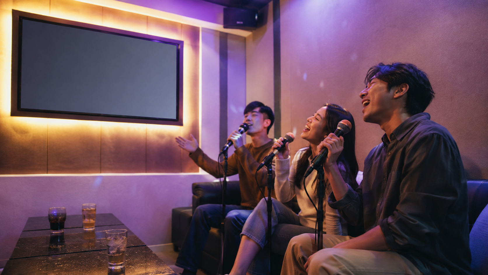 Friends singing in a private Korean noraebang karaoke room