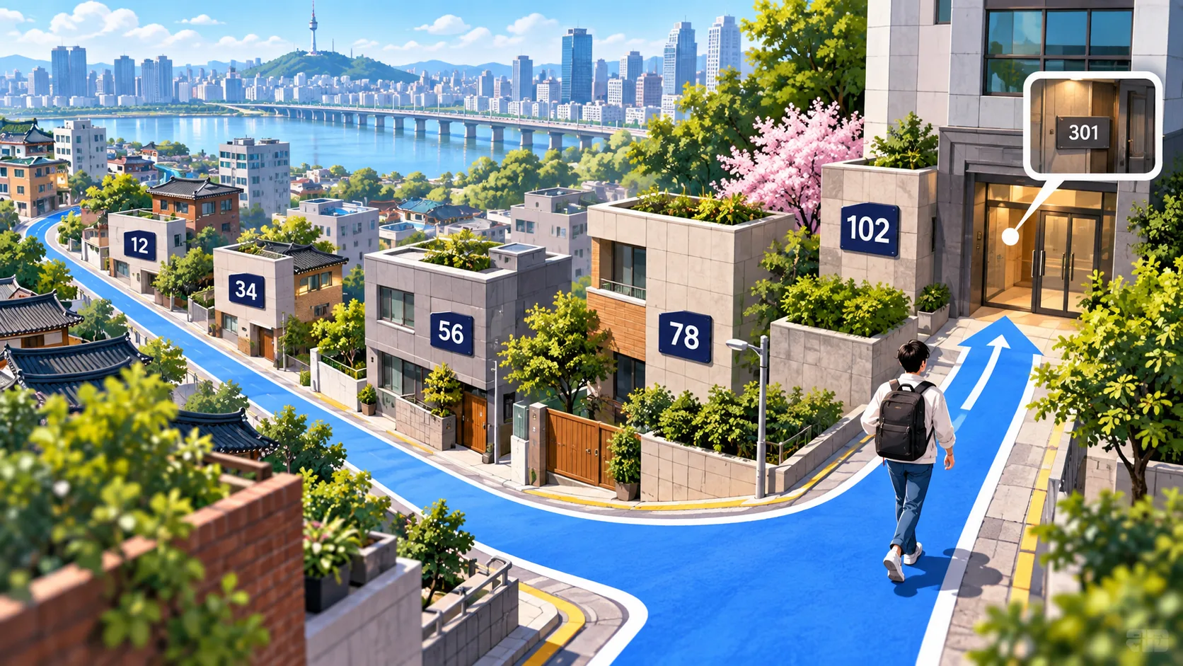 Illustrated Korean road route leads past numbered buildings to a specific apartment unit