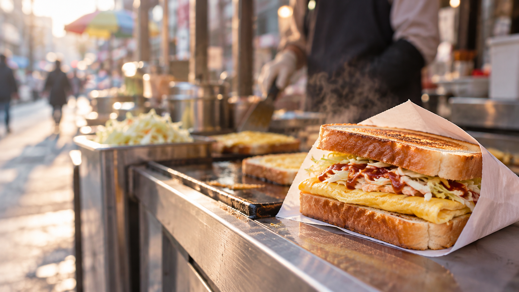 Korean street toast with cabbage and egg on a morning griddle
