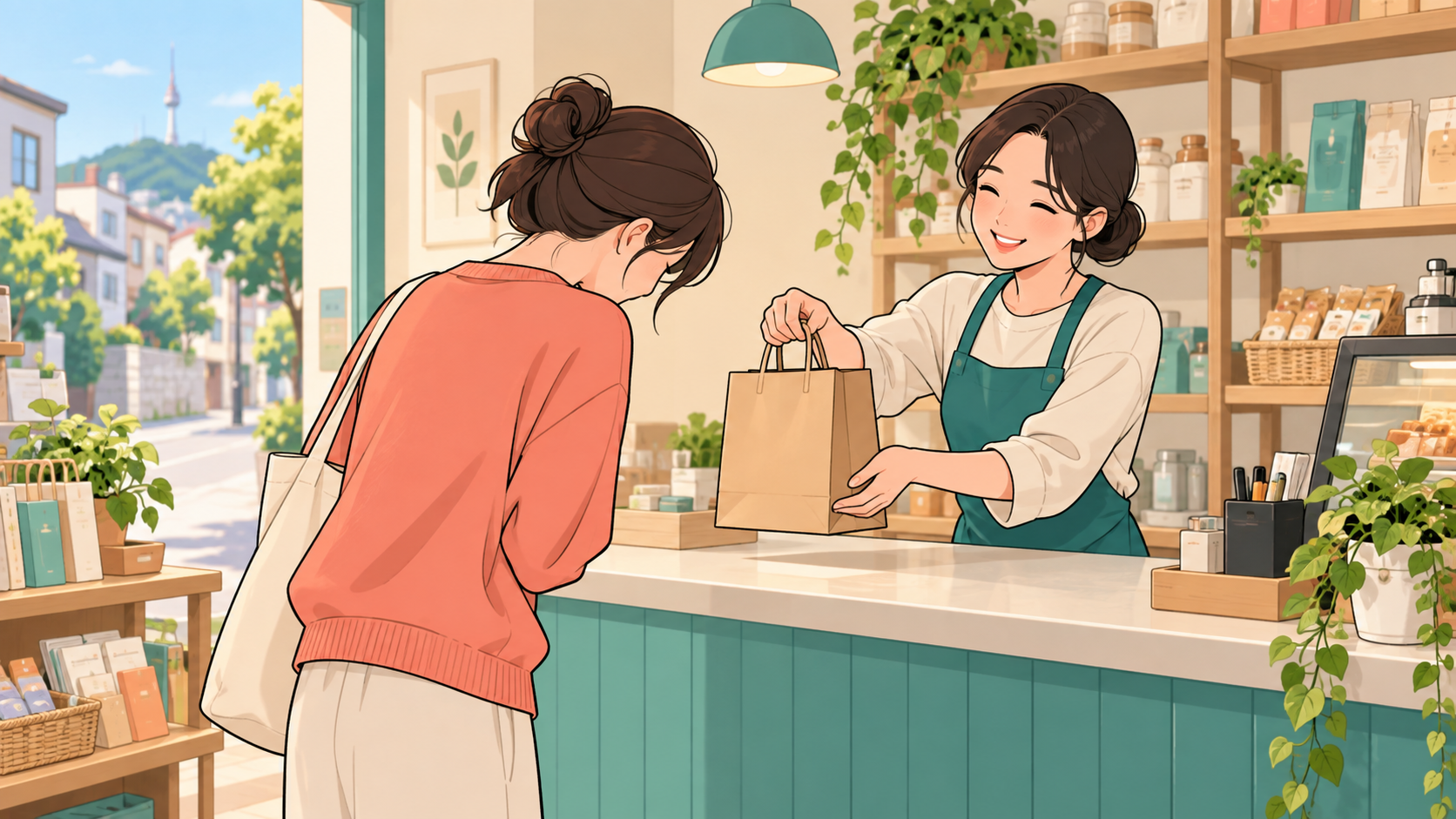 Illustration of an everyday polite thank-you between a customer and a shopkeeper