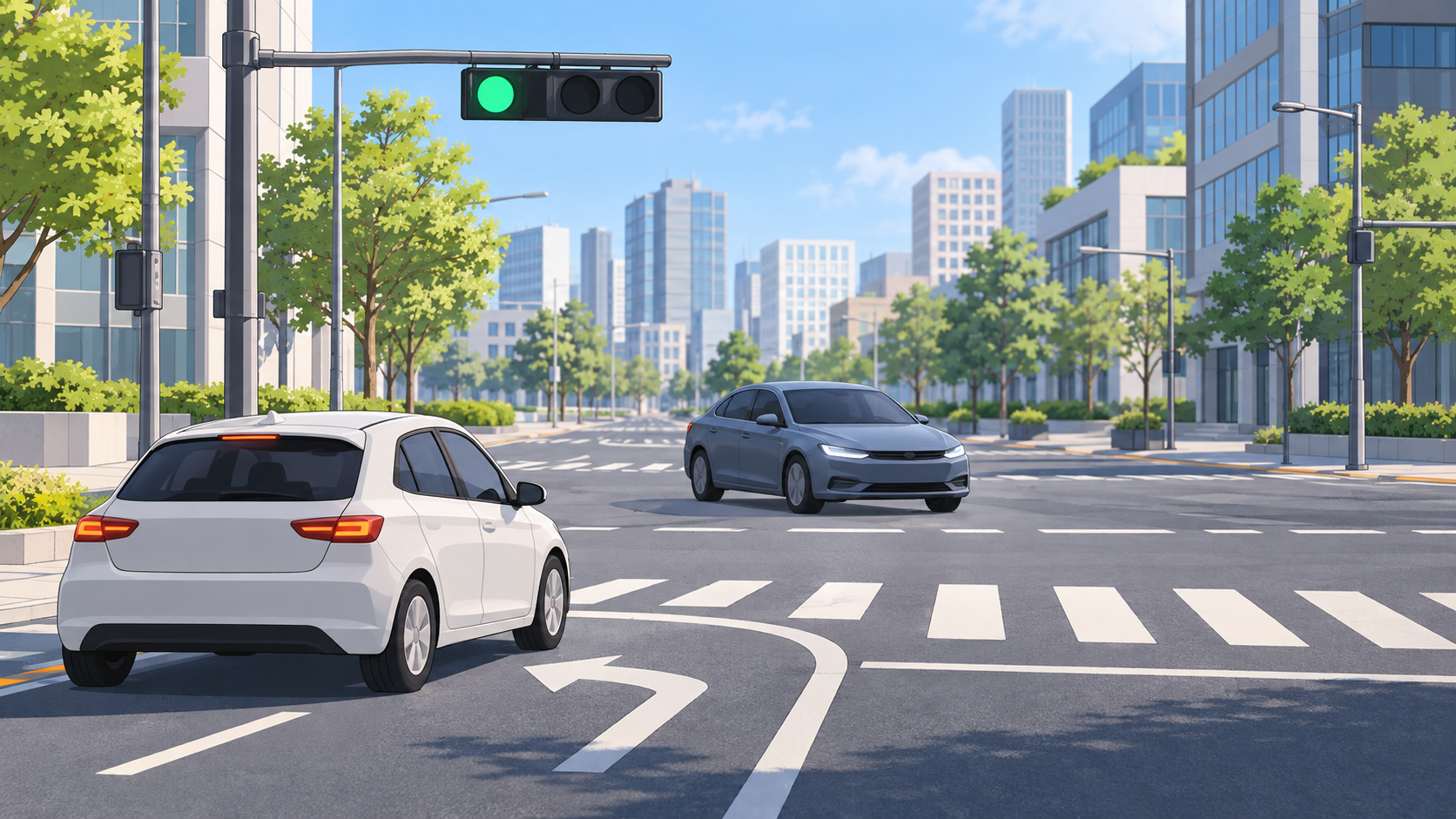 An editorial illustration of a car waiting to turn left under a green signal as an oncoming car passes.