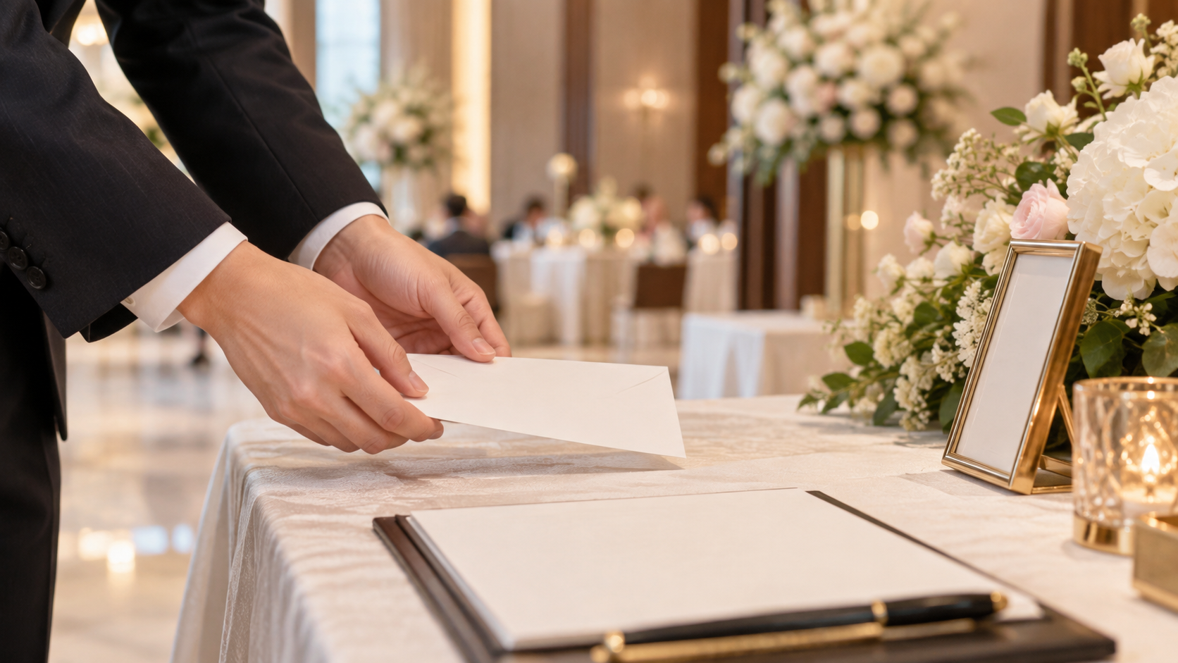 A Korean wedding cash gift envelope at a reception desk