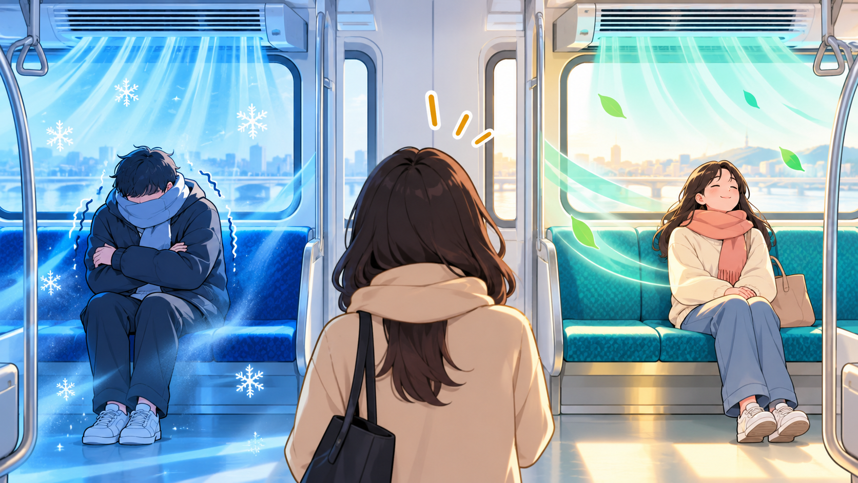 An illustrated subway interior contrasts stronger icy-blue cooling with gentler teal cooling as a passenger chooses between the cars