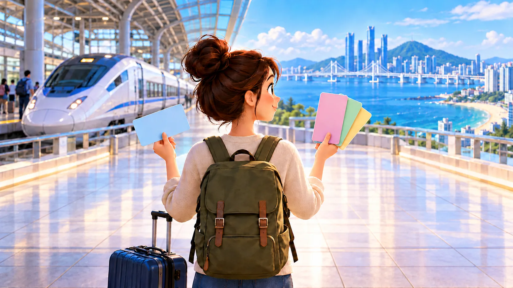Illustration of a traveler comparing one train ticket with several rail-pass cards before a trip to Busan