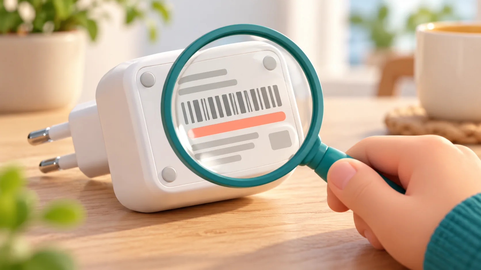 Illustration of a magnifying glass enlarging a generic code label on a white power adapter