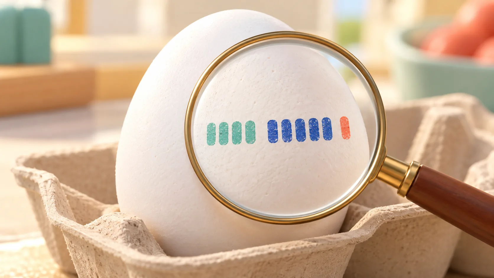 A magnifying glass revealing ten colored code marks on a white egg