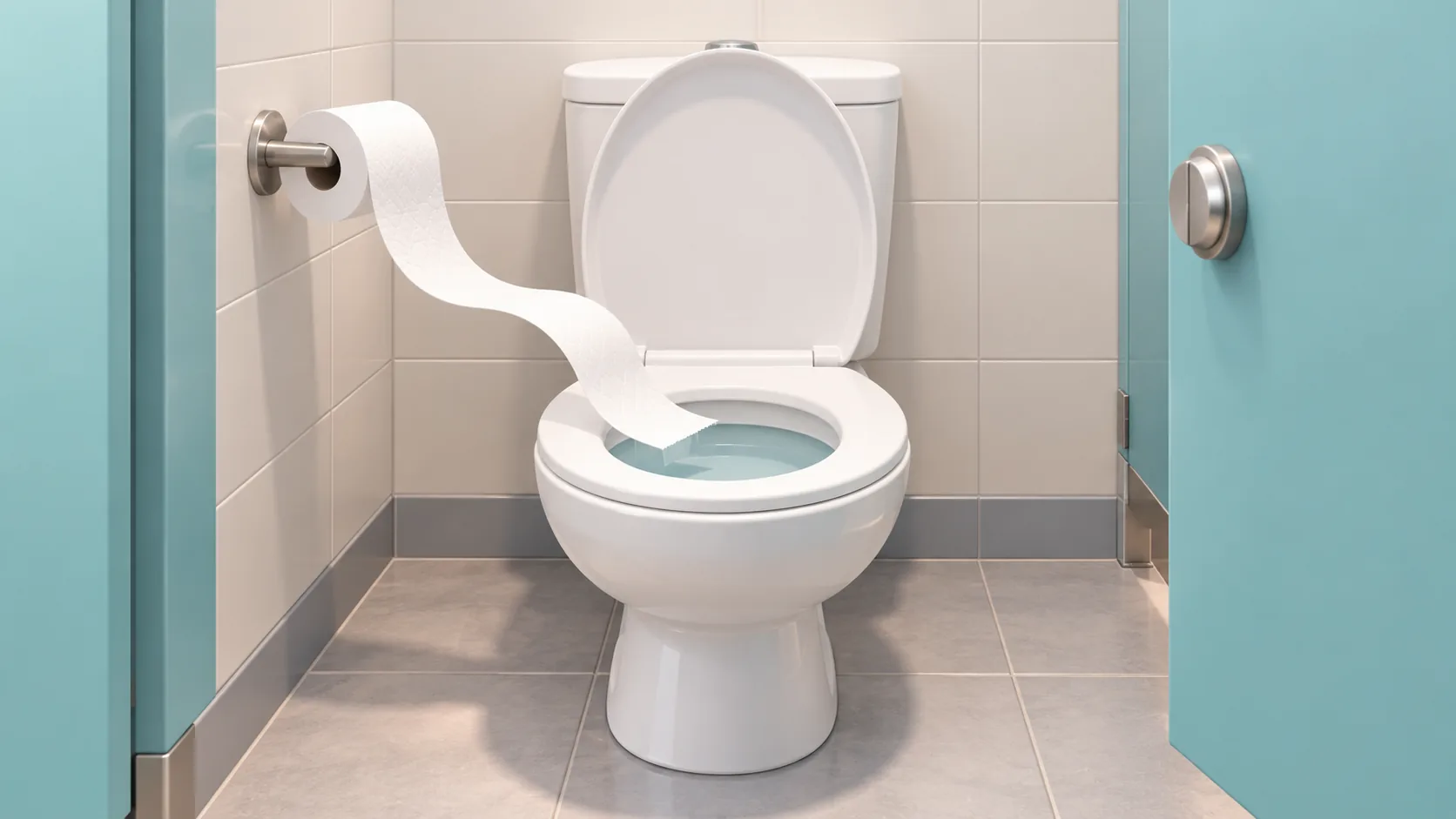 A roll of toilet paper feeding into a toilet in a bin-free public restroom stall