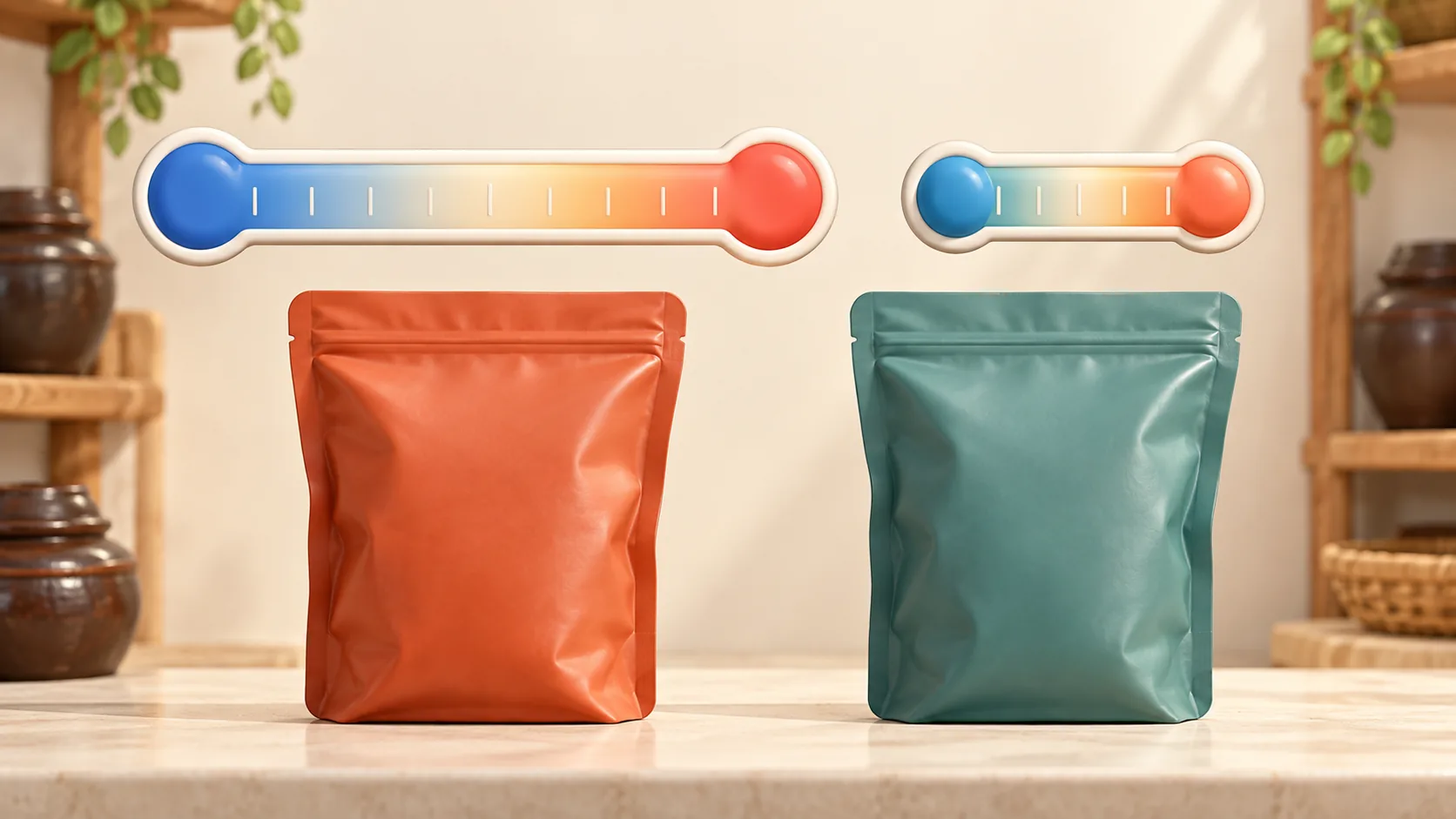 Two unbranded food pouches beneath a broad and a narrow temperature band