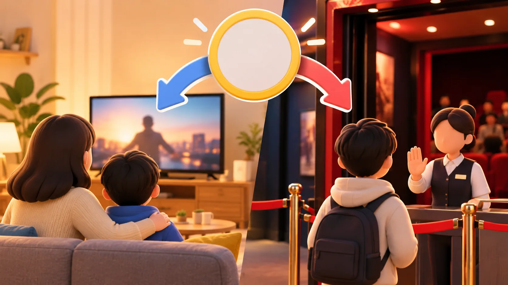 A split illustration showing a family watching television on one side and a cinema attendant stopping a young viewer at an entrance on the other