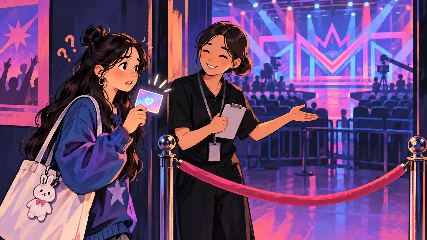 An illustrated fan shows a membership card to staff beside the roped entrance to a music-show studio.