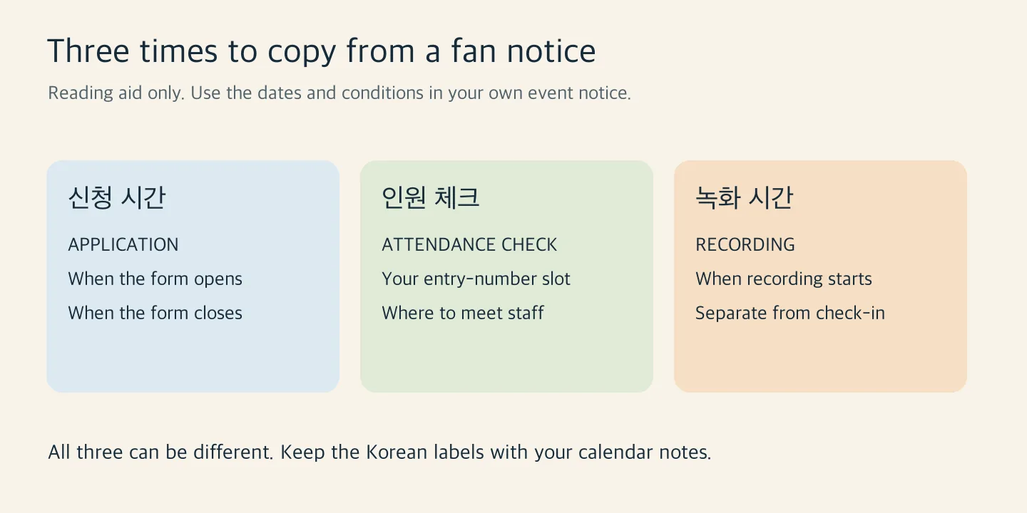 Three notice headings: application window, attendance check, and recording start. Each needs its own date and time.