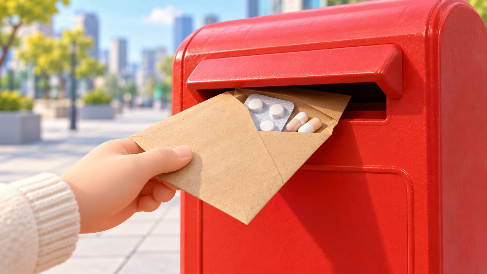 A paper envelope holding tablets and capsules being placed into a red street mailbox