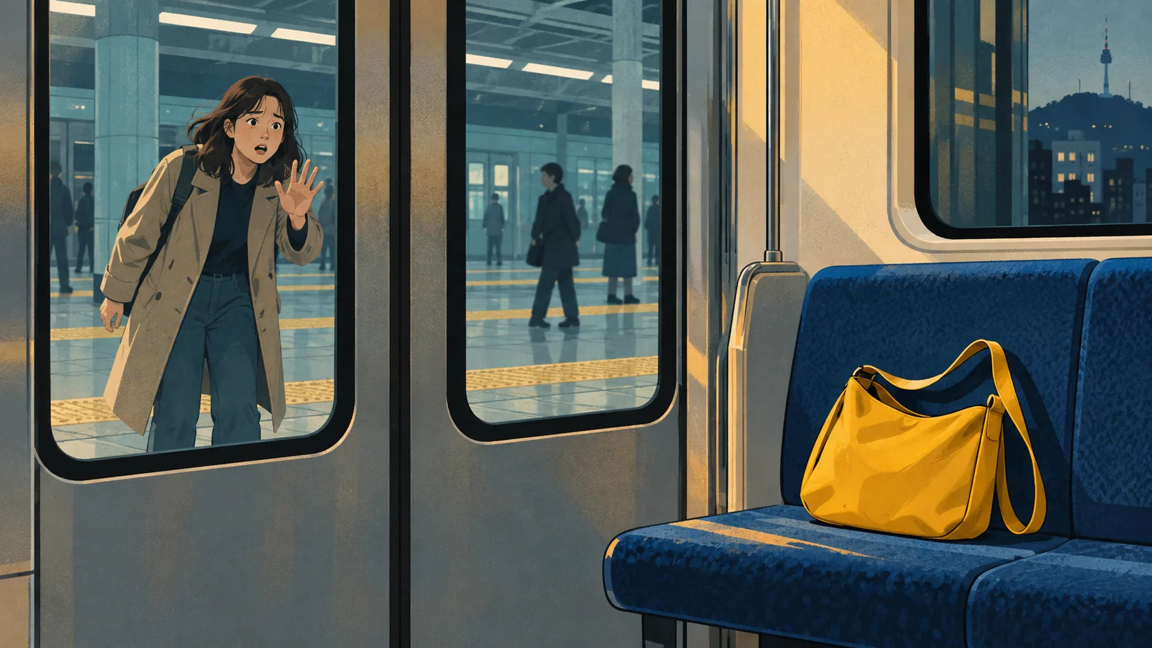 Illustration of a yellow bag on a subway seat while its startled owner stands outside the closed doors.