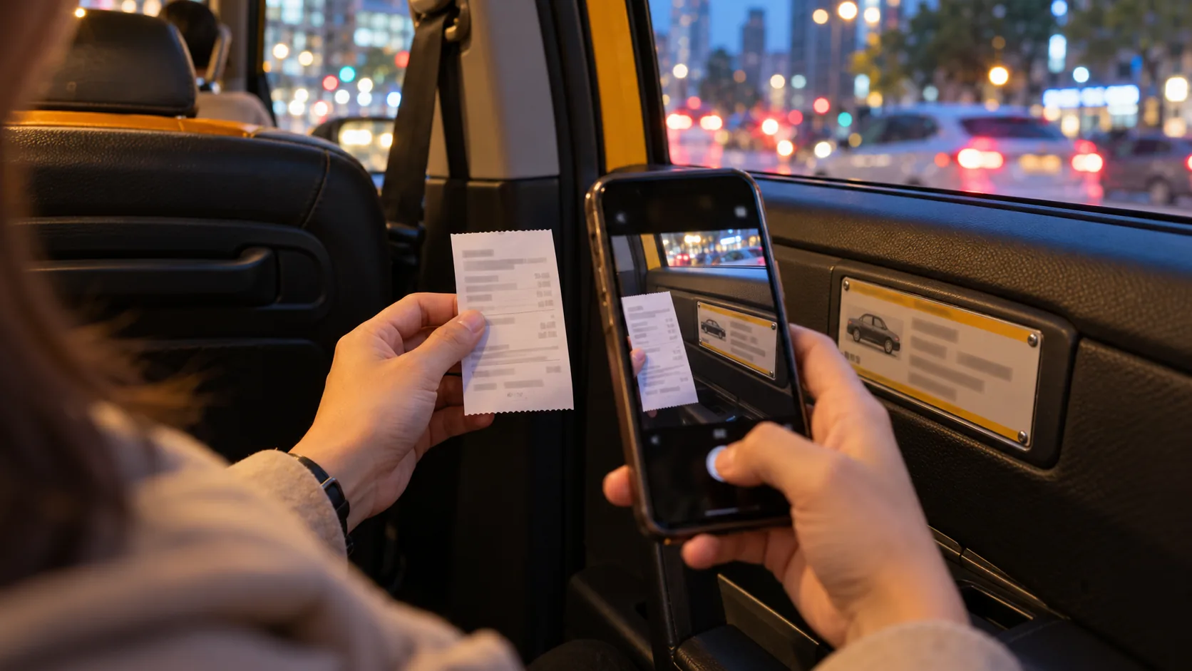 AI illustration of a traveler photographing a generic taxi receipt and vehicle information inside a Seoul taxi